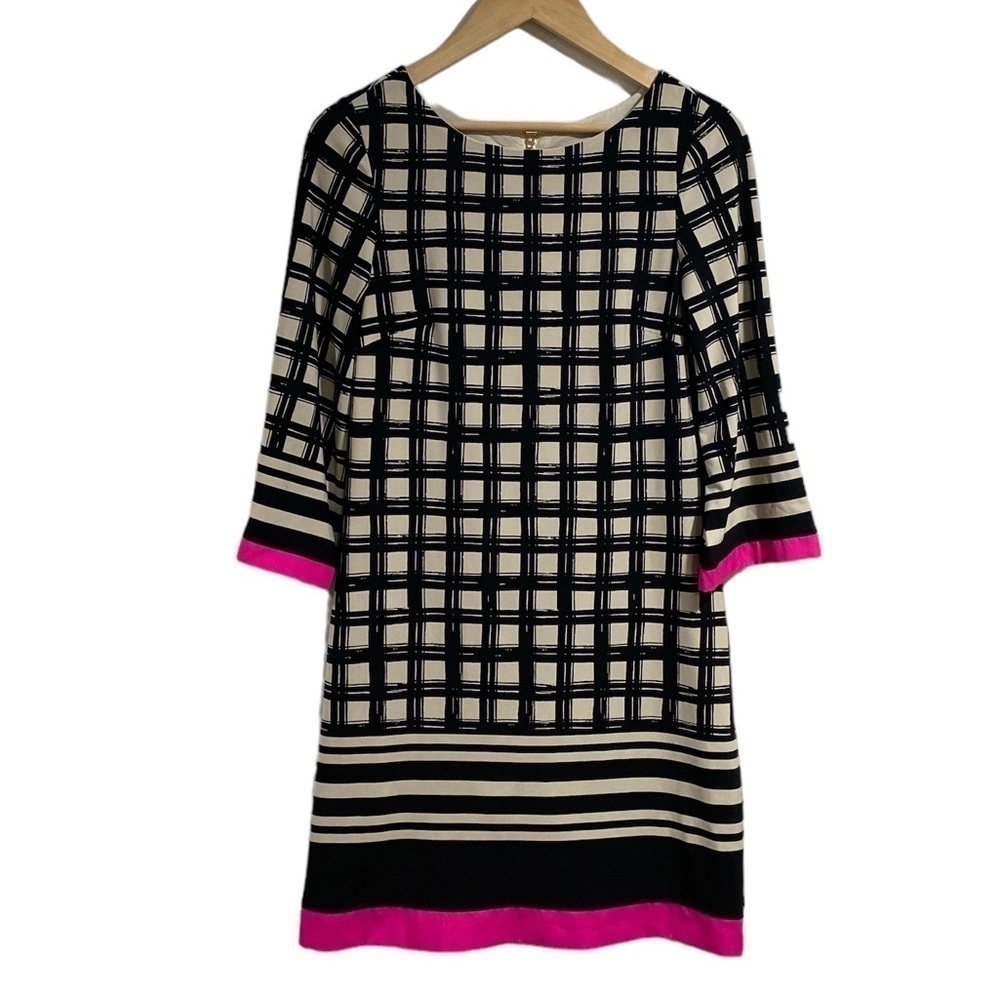 Eliza J dress windowpane print black tan hot pink exposed back zipper size 6‎